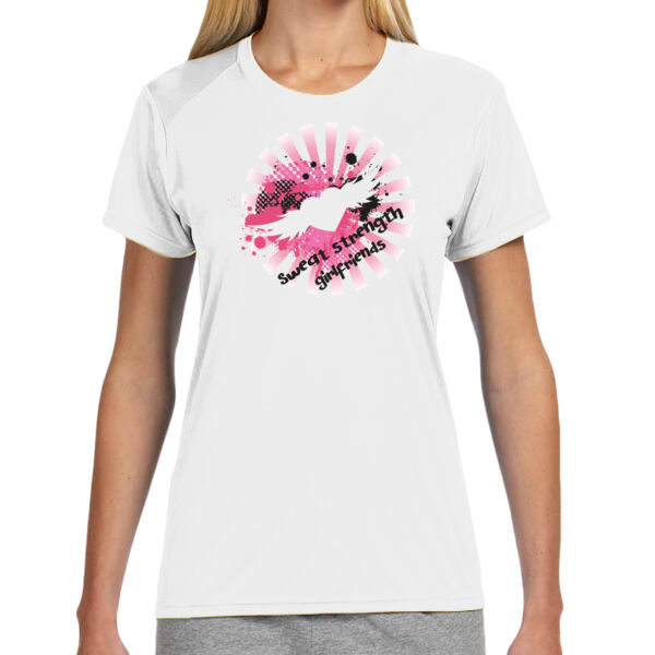 Sweat, Strength, Girlfriends - (S) Ladies' Shorts Sleeve Cooling Performance Crew Light Color Shirt Thumbnail