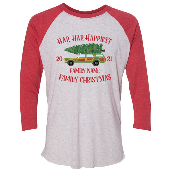 Hap, Hap, Happiest Family Christmas - (S) Unisex Tri-Blend Three-Quarter Sleeve Baseball Raglan Tee Thumbnail