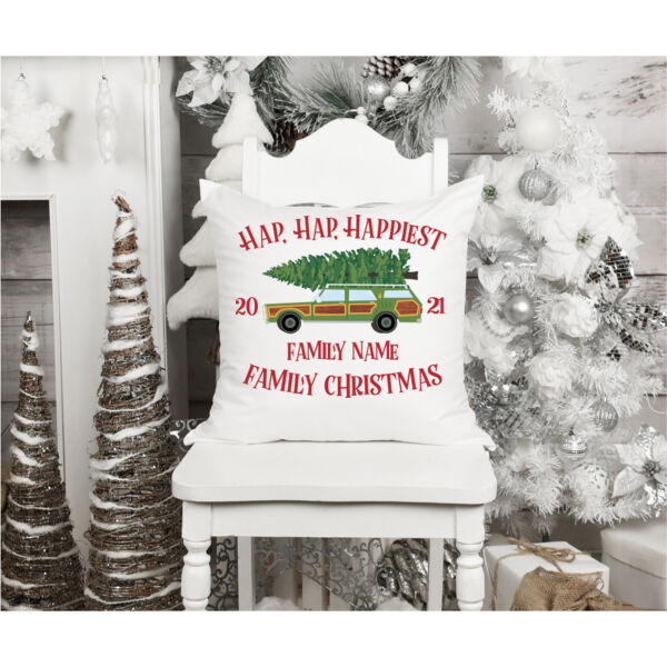Hap, Hap, Happiest Family Christmas - Fun, Old-Fashion Family Christmas Throw Pillow (14", 16", 18") Thumbnail