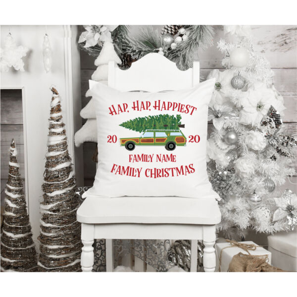 Hap, Hap, Happiest Family Christmas - Fun, Old-Fashion Family Christmas Throw Pillow (14", 16", 18") - Fun, Old-Fashion Family Christmas Throw Pillow (14", 16", 18") Thumbnail