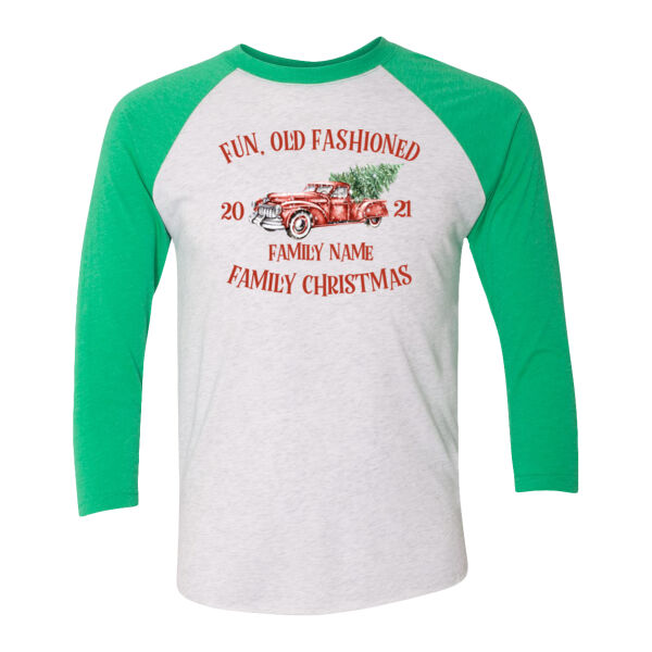 Old Truck - Old Fashioned Family Christmas - (S) Unisex Tri-Blend Three-Quarter Sleeve Baseball Raglan Tee Thumbnail