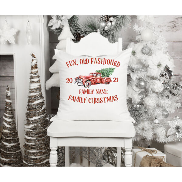 Old Truck - Old Fashioned Family Christmas - Fun, Old-Fashion Family Christmas Throw Pillow (14", 16", 18") Thumbnail