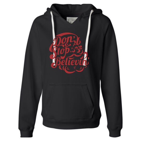 Don't Stop Believin' Santa Face - Ladies' Sueded V-Neck Hooded Sweatshirt Thumbnail