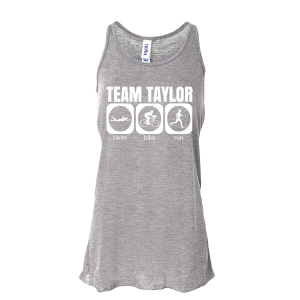 Female Triathlete Swim Bike Run Team T-shirt - Ladies' Flowy Racerback Tank - Dark Thumbnail