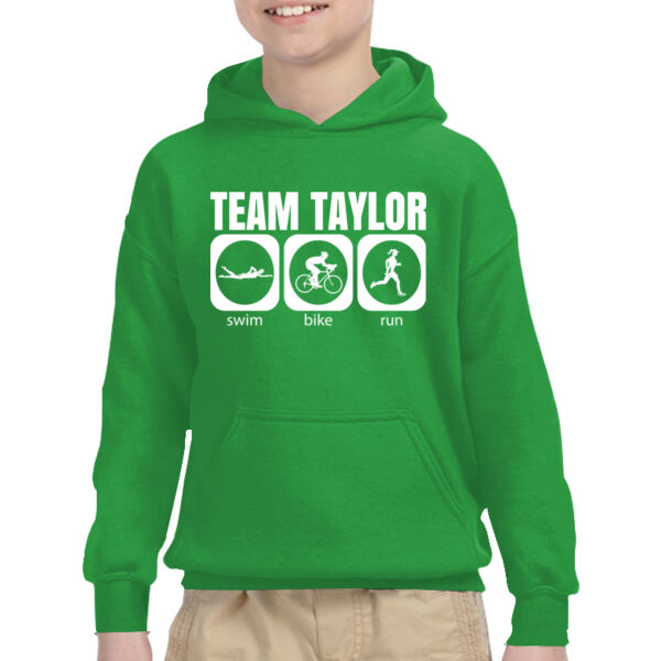 Female Triathlete Swim Bike Run Team T-shirt - Heavy Blend™ Youth 8 oz., 50/50 Hood Thumbnail