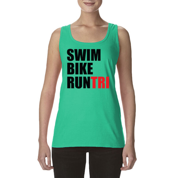 Swim Bike Run Tri Triathlon - Ladies' Softstyle®  4.5 oz. Racerback Tank (S) Thumbnail