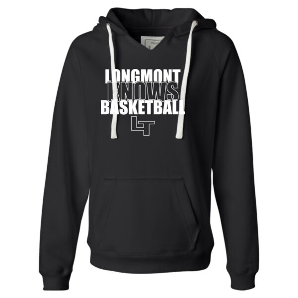 Longmont Knows Basketball White - Ladies' Sueded V-Neck Hooded Sweatshirt Thumbnail