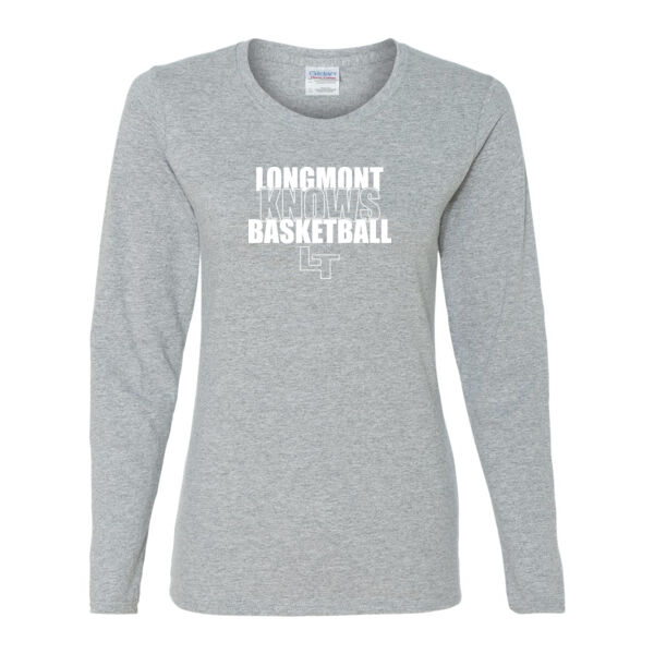 Longmont Knows Basketball White - Gildan Ladies Ultra Cotton™ Long Sleeve Missy Fit T Shirt Thumbnail