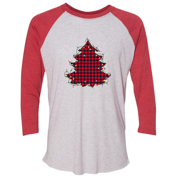 Buffalo Plaid Christmas Tree with lights - (S) Unisex Tri-Blend Three-Quarter Sleeve Baseball Raglan Tee Thumbnail