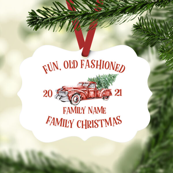 Old Truck - Old Fashioned Family Christmas - White Aluminum Benelux Christmas Ornament Thumbnail