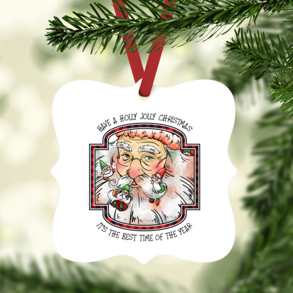 Holly Jolly Christmas Santa - White Aluminum Prague Christmas Ornament Thumbnail