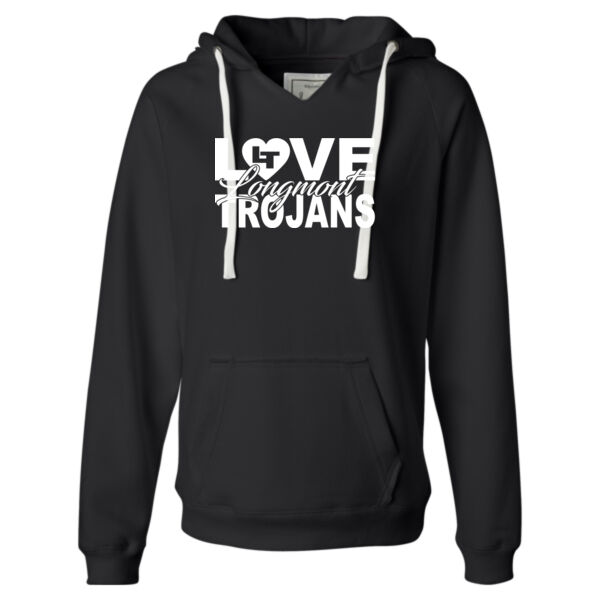 Love Longmont Trojans - Ladies' Sueded V-Neck Hooded Sweatshirt Thumbnail