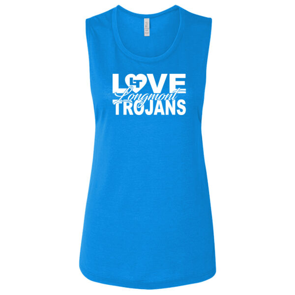 Love Longmont Trojans - Ladies' Flowy Scoop Muscle Tank - Dark Thumbnail