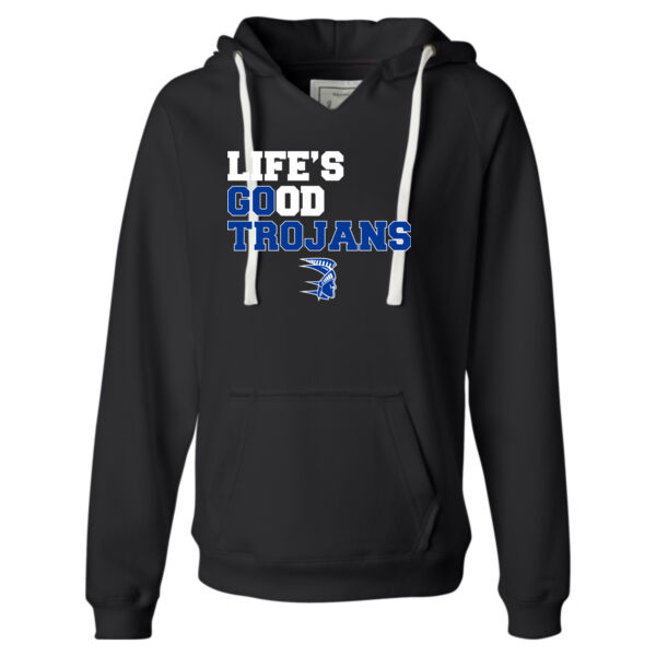 Life's Good, Go Trojans - Ladies' Sueded V-Neck Hooded Sweatshirt Thumbnail