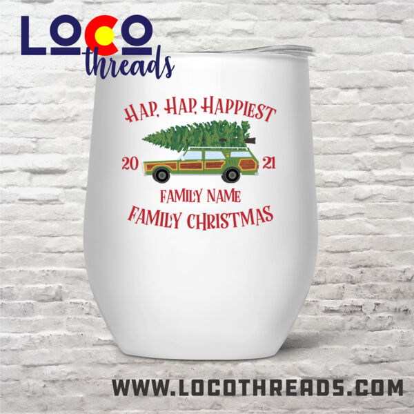 Hap, Hap, Happiest Family Christmas - Stemless Wine Glass (12 oz) double wall vacuum insulated with lid  (LoCo) Thumbnail
