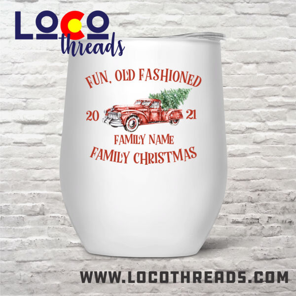 Old Truck - Old Fashioned Family Christmas - Stemless Wine Glass (12 oz) double wall vacuum insulated with lid  (LoCo) Thumbnail