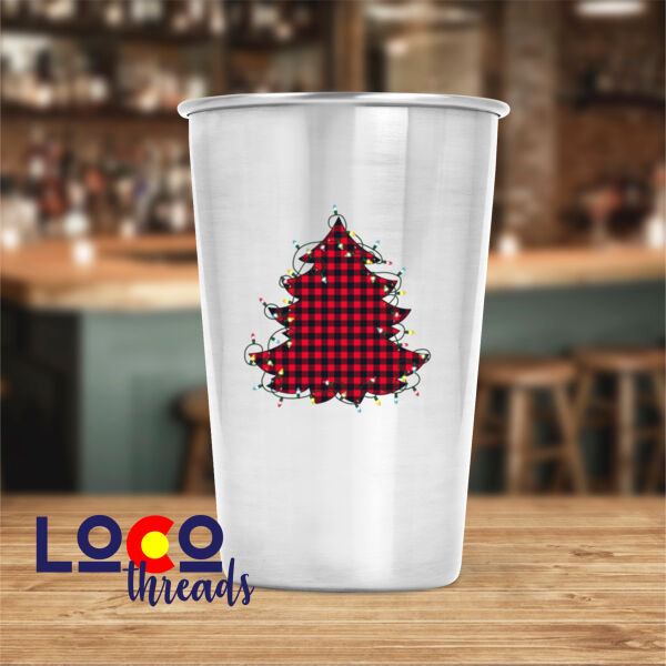 Buffalo Plaid Christmas Tree with lights - 17 oz Stainless Steel Pint Glass (FSJ) Thumbnail