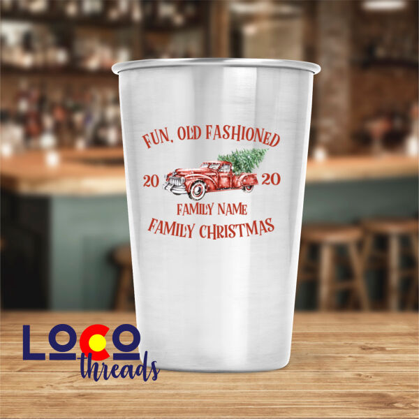 Old Truck - Old Fashioned Family Christmas - 2 sided print - 17 oz Stainless Steel Pint Glass (FSJ) Thumbnail