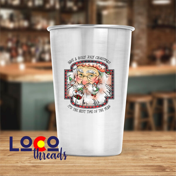 Holly Jolly Christmas Santa - 2 sided print - 17 oz Stainless Steel Pint Glass (FSJ) Thumbnail