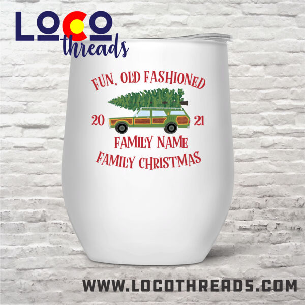 Fun, Old Fashioned Family Christmas  - Stemless Wine Glass (12 oz) double wall vacuum insulated with lid  (LoCo) Thumbnail