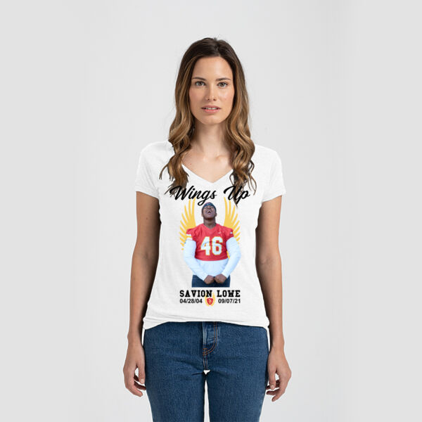 Wings Up for Savion - Ladies Slim Fit V Neck Poly-Rich Tee Thumbnail