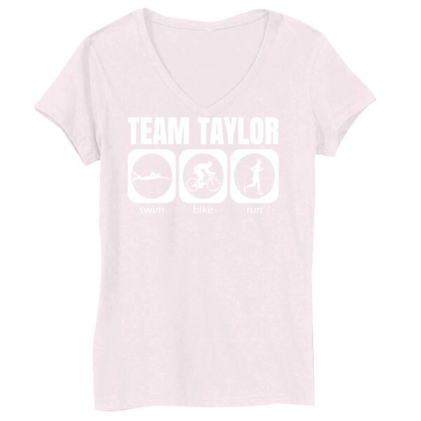 Male Triathlon Swim Bike Run Team T-shirt - Bella Short-Sleeve V-Neck T-Shirt Thumbnail