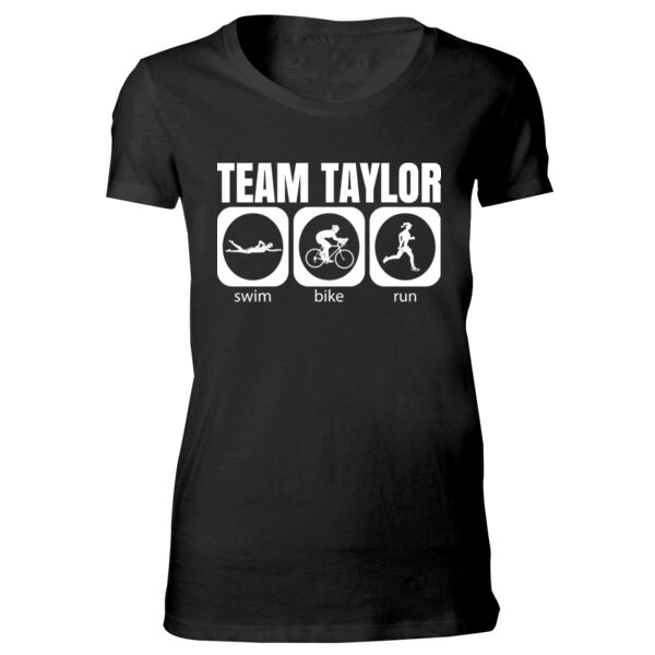 Female Triathlete Swim Bike Run Team T-shirt - Bella Favorite T-Shirt Thumbnail