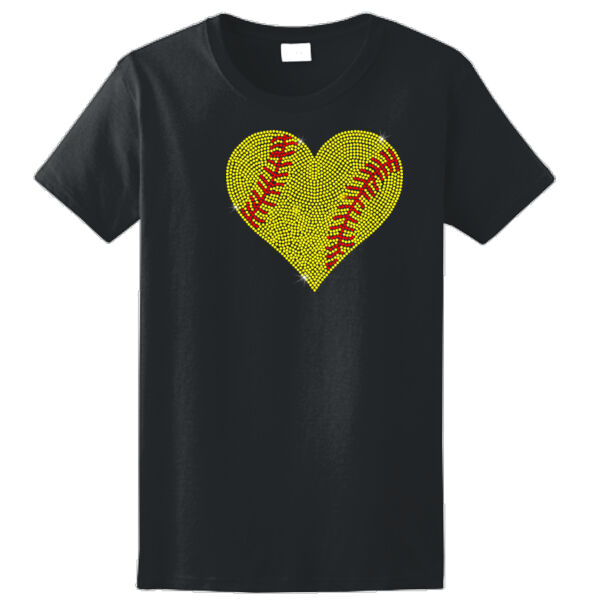 Softball Rhinestone Heart - Ladies Ultra Cotton™ 100% Cotton T Shirt Thumbnail