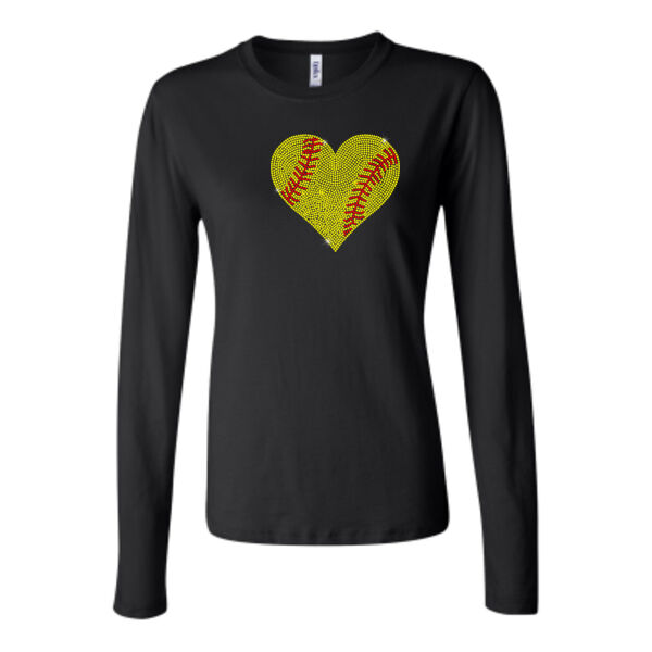Softball Rhinestone Heart - Bella Long Sleeve Crew Tee Thumbnail