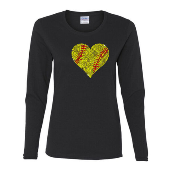 Softball Rhinestone Heart - Gildan Ladies Ultra Cotton™ Long Sleeve Missy Fit T Shirt Thumbnail