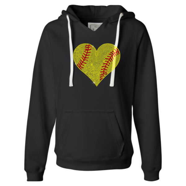 Softball Rhinestone Heart - Ladies' Sueded V-Neck Hooded Sweatshirt Thumbnail