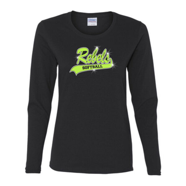 Rebels Lime Rhinstone - Gildan Ladies Ultra Cotton™ Long Sleeve Missy Fit T Shirt Thumbnail