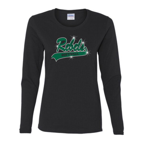 Rebels Teal Rhinestone - Gildan Ladies Ultra Cotton™ Long Sleeve Missy Fit T Shirt Thumbnail