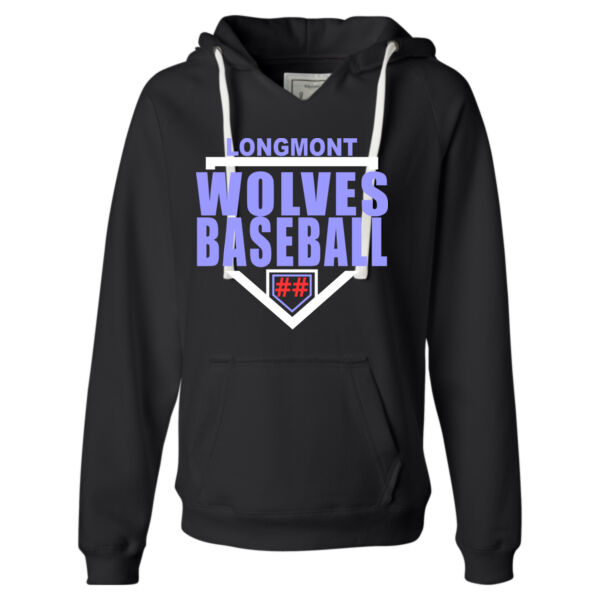 Longmont Wolves Baseball Homeplate - Ladies' Sueded V-Neck Hooded Sweatshirt Thumbnail